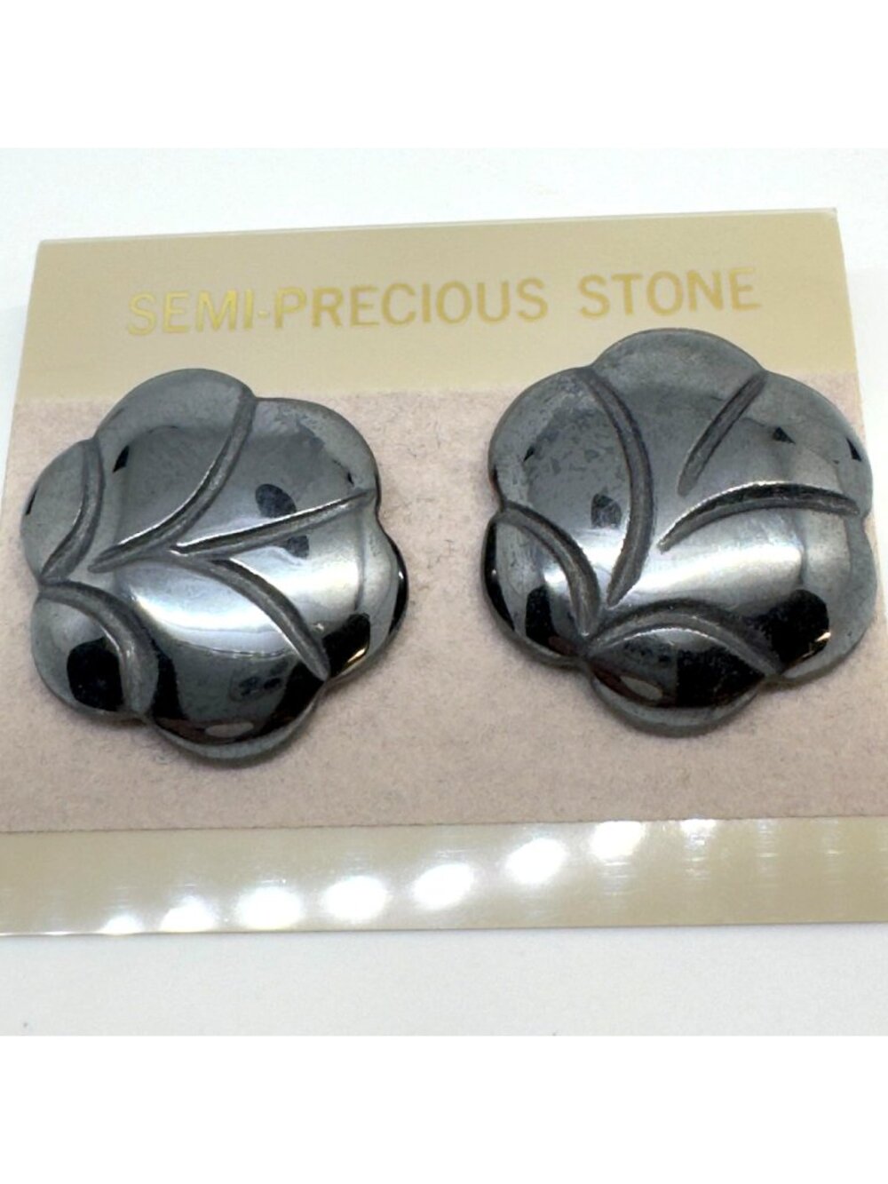 Semi-Precious Hematite Vintage Flower Pierced Post Earrings Made In Taiwan NOS